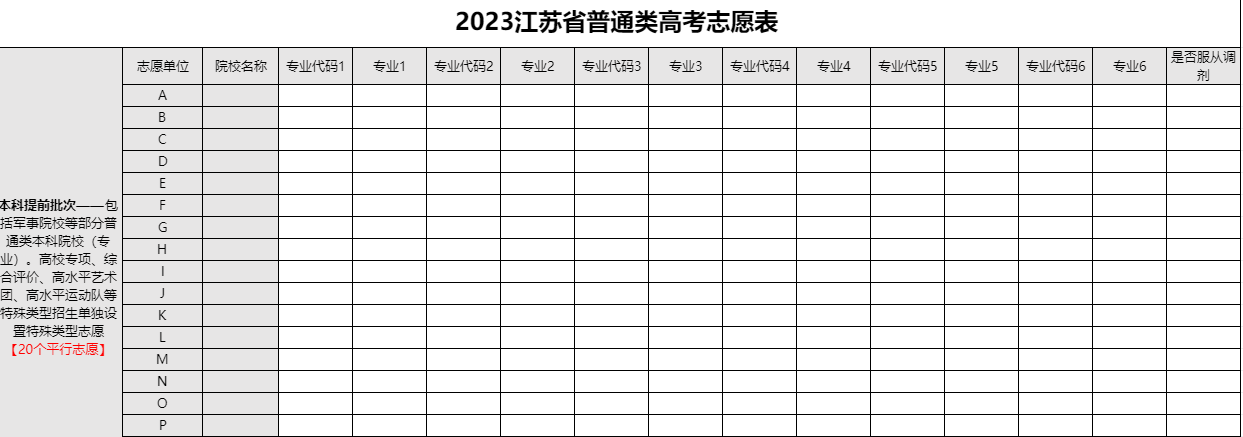 【高考志愿表】江苏2023年高考志愿填报表