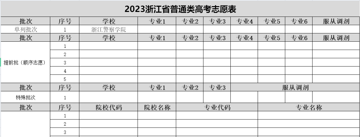 【高考志愿表】浙江2023年高考志愿填报表