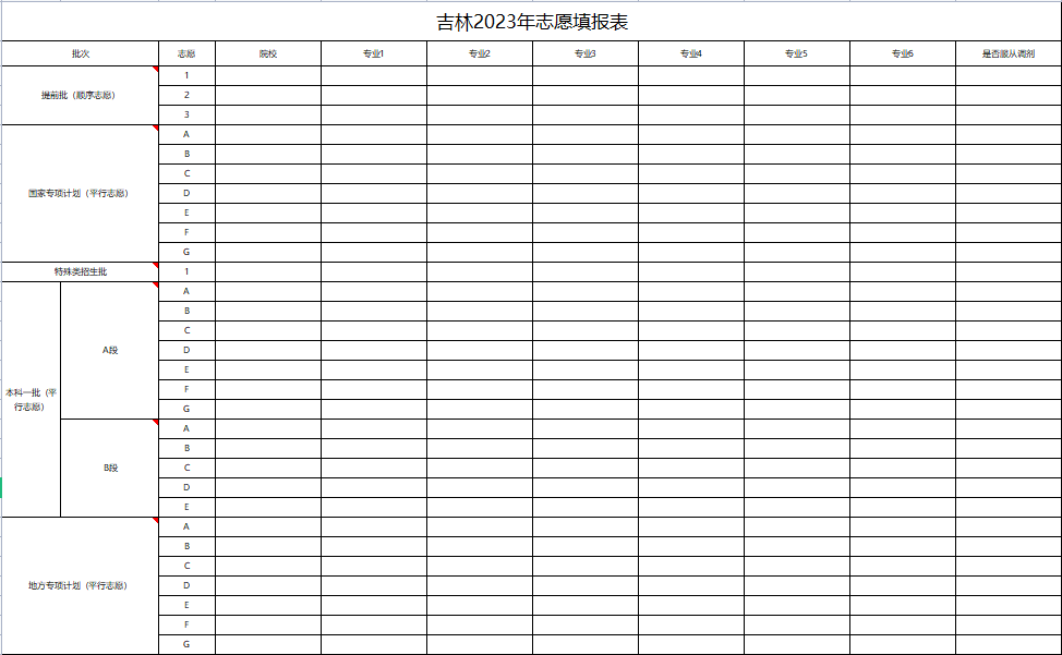 【高考志愿表】吉林2023年高考志愿填报表