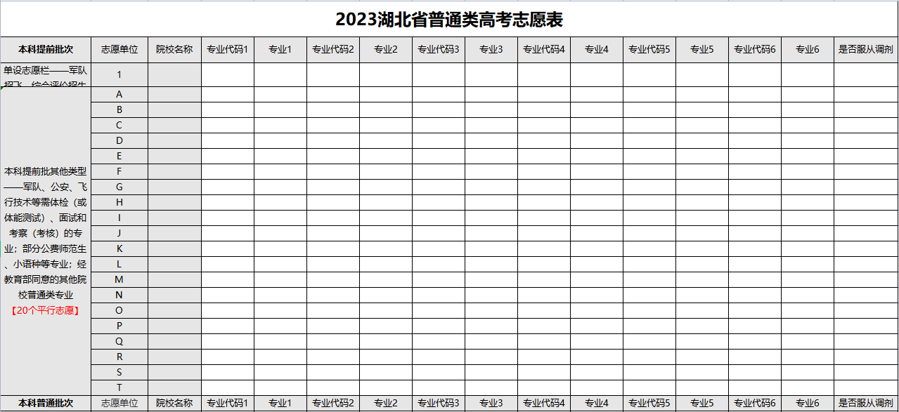 【高考志愿表】湖北2023年高考志愿填报表