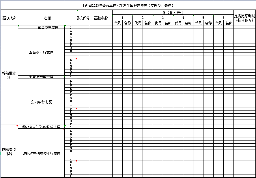 【高考志愿表】江西2023年高考志愿填报表