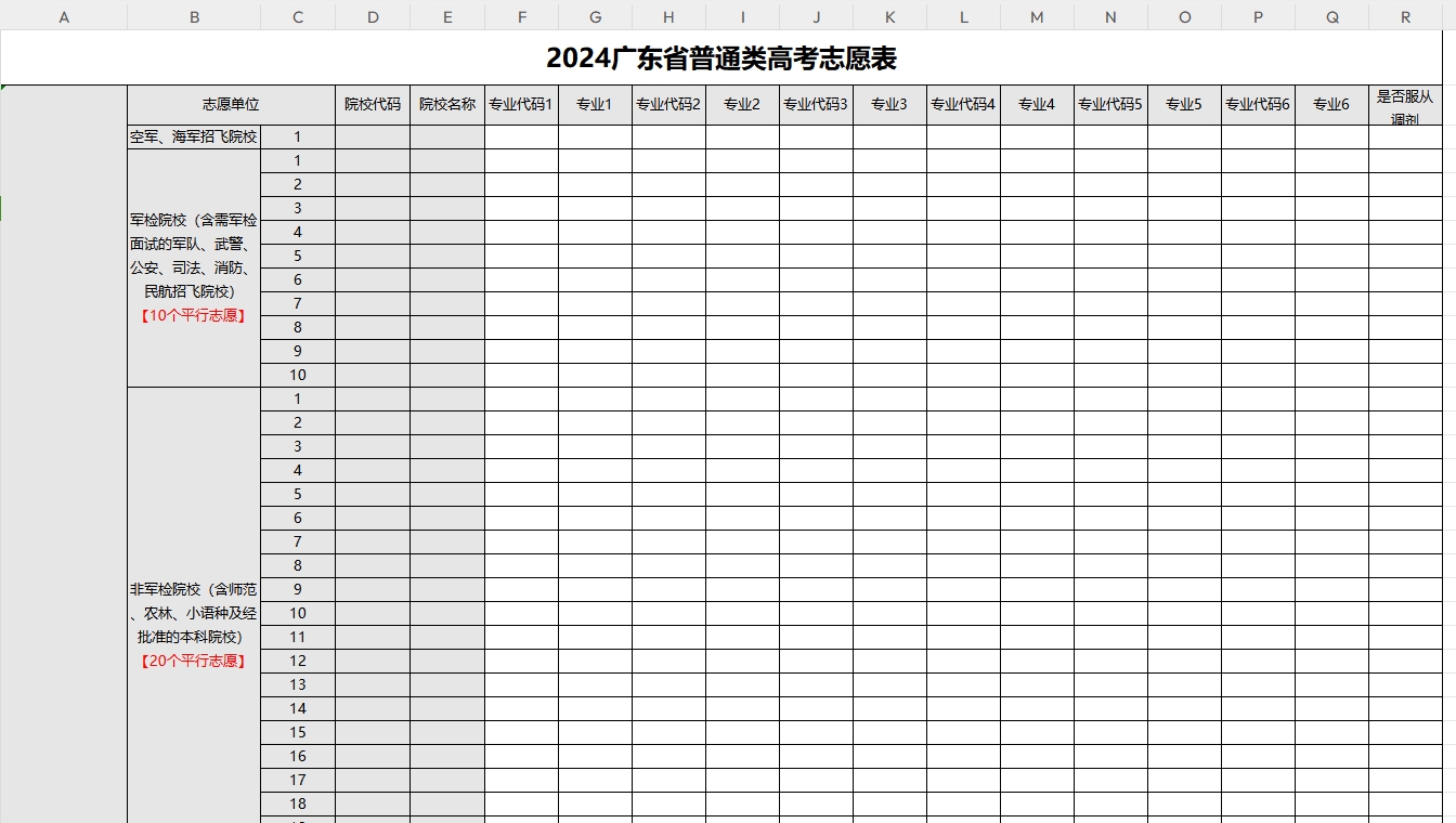 【高考志愿表】广东2024年高考志愿填报表样表（仅供参考）