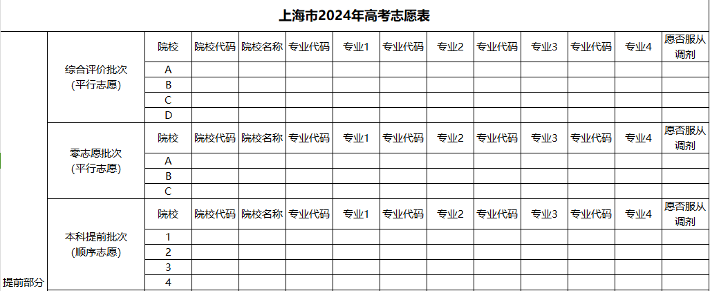 【高考志愿表】上海2024年高考志愿填报表样表（仅供参考）