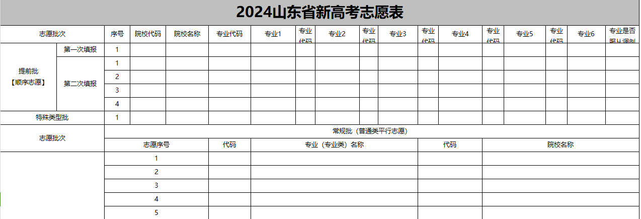 【高考志愿表】山东2024年高考志愿填报表样表（仅供参考）