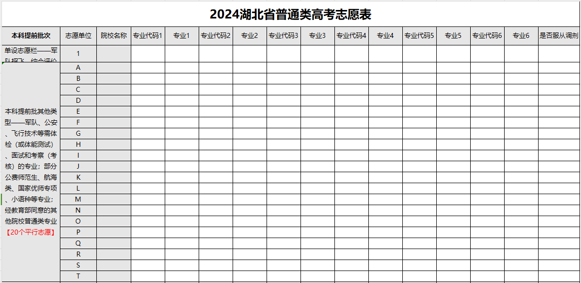 【高考志愿表】湖北2024年高考志愿填报表样表（仅供参考）