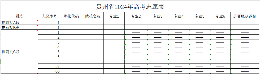 【高考志愿表】贵州2024年高考志愿填报表样表（仅供参考）