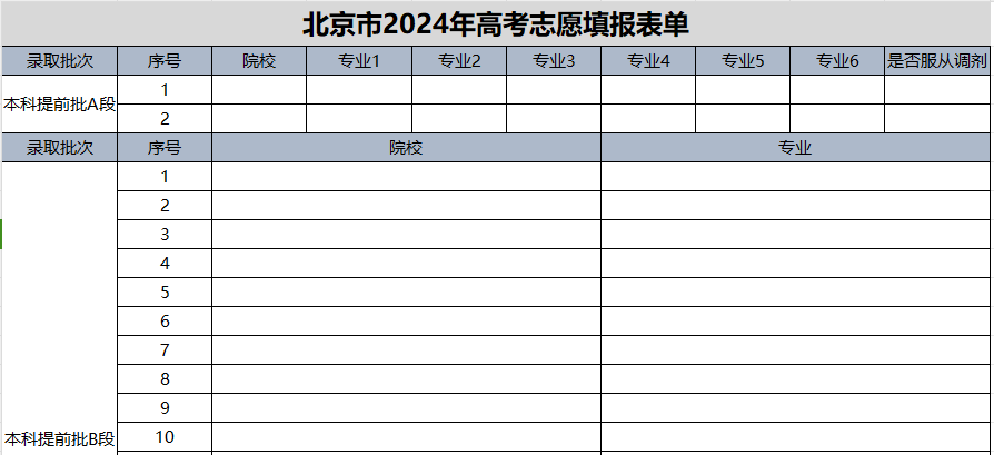 【高考志愿表】北京2024年高考志愿填报表样表（仅供参考）