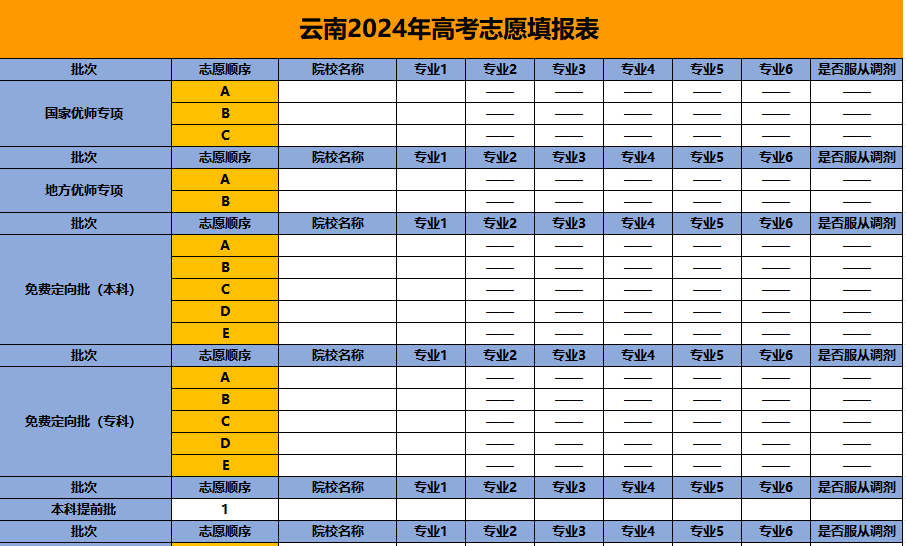 【高考志愿表】云南2024年高考志愿填报表样表（仅供参考）