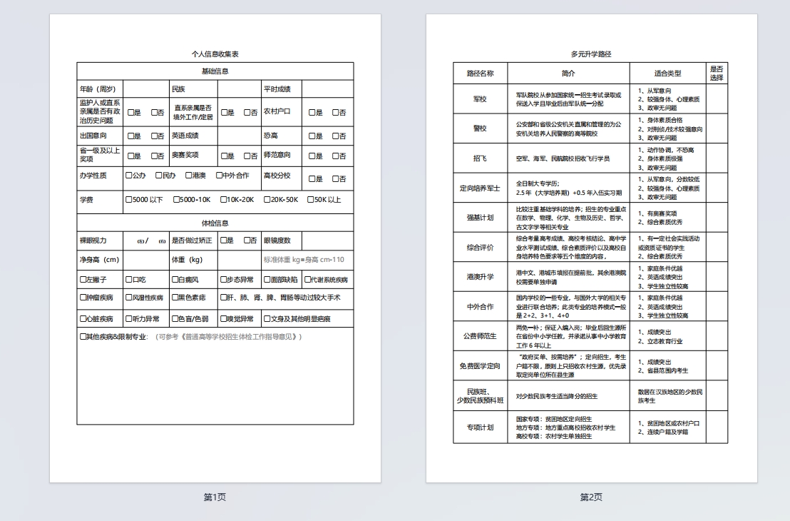 《升学路径确认单》：规划师发给选择多元升学服务的家长的确认表格
