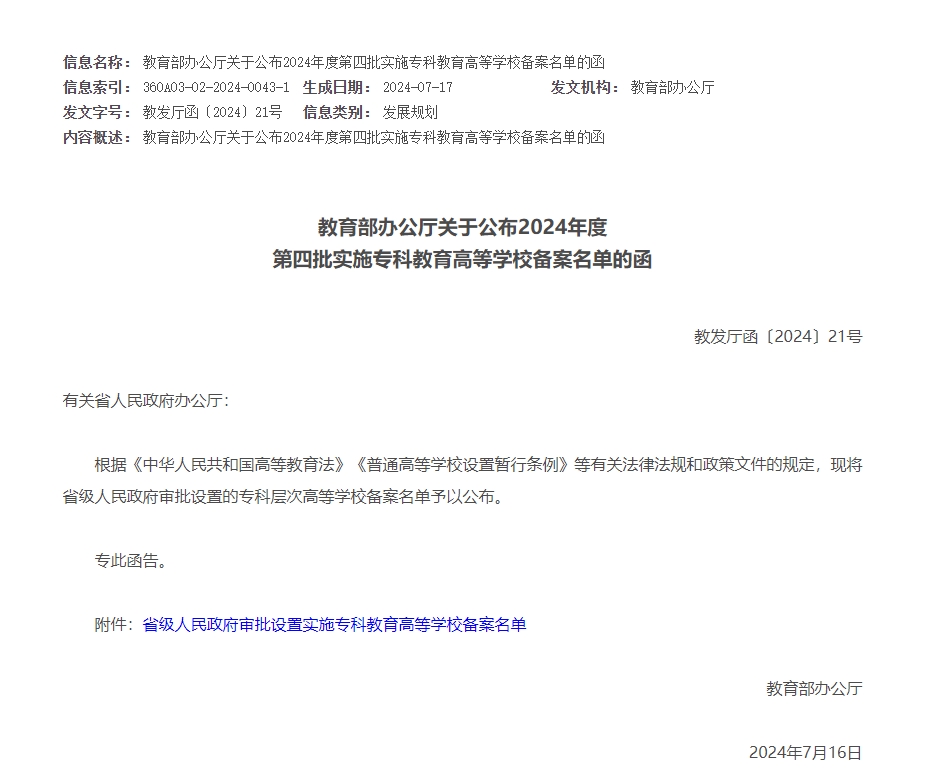 2024年度第四批实施专科教育高等学校备案名单