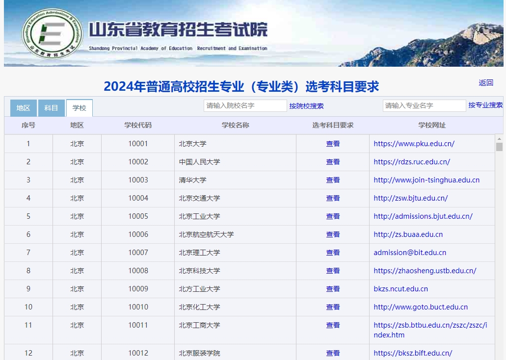 【山东】2024年普通高校招生专业（专业类）选考科目要求