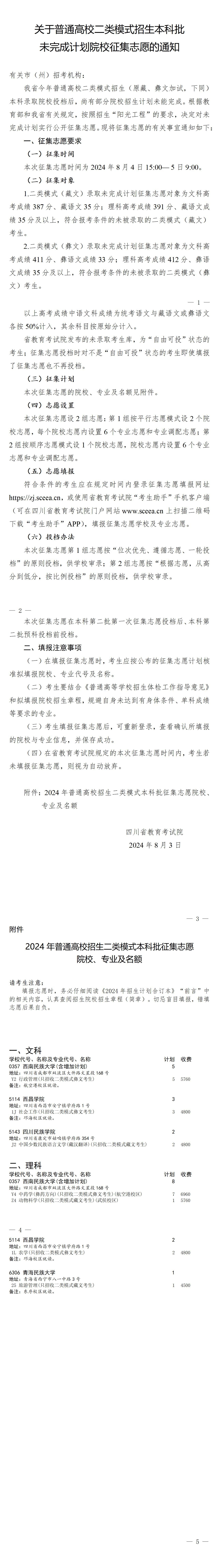 2024四川征集志愿-二类模式本科批征集志愿院校、专业及名额