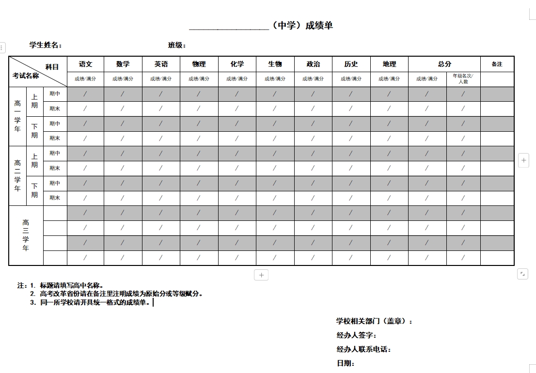 昆山杜克大学2025年本科申请成绩单模版