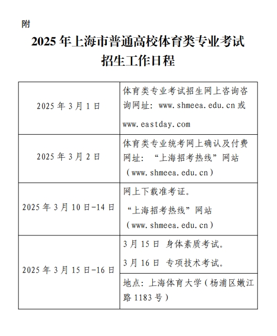 2025年上海市普通高校体育类专业考试招生实施办法