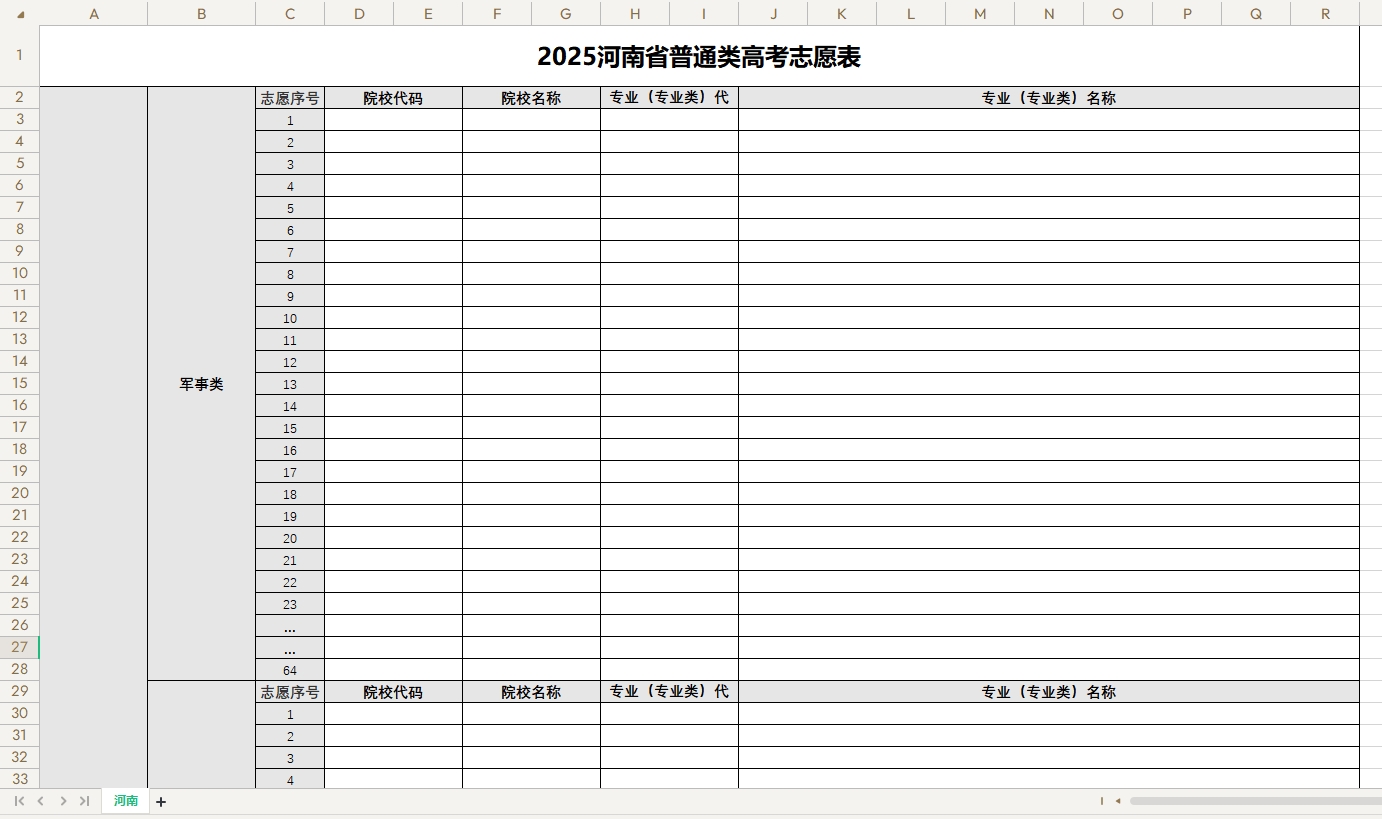【河南】2025年高考志愿填报表样表（仅供参考）