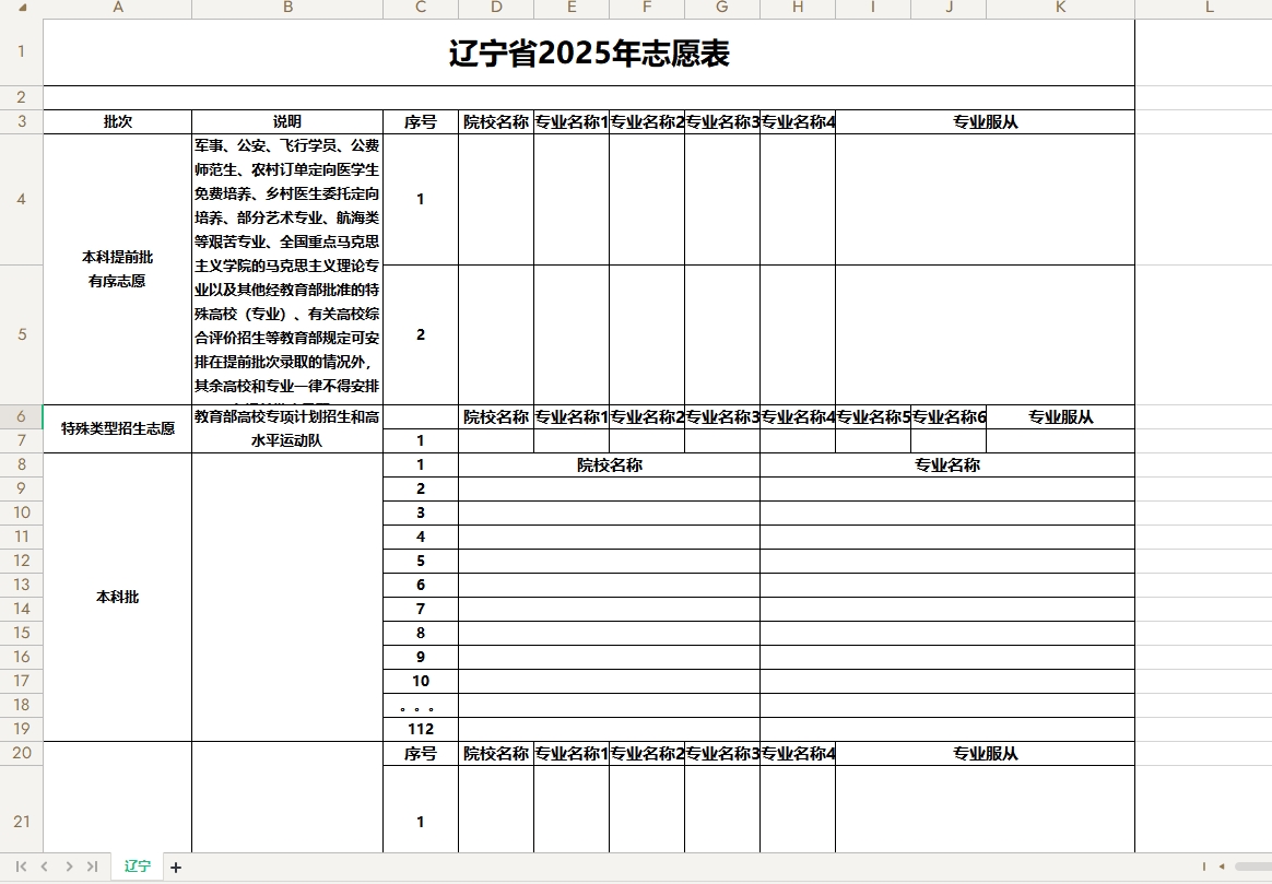 【辽宁】2025年高考志愿填报表样表（仅供参考）