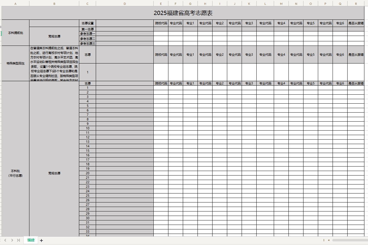 【福建】2025年高考志愿填报表样表（仅供参考）