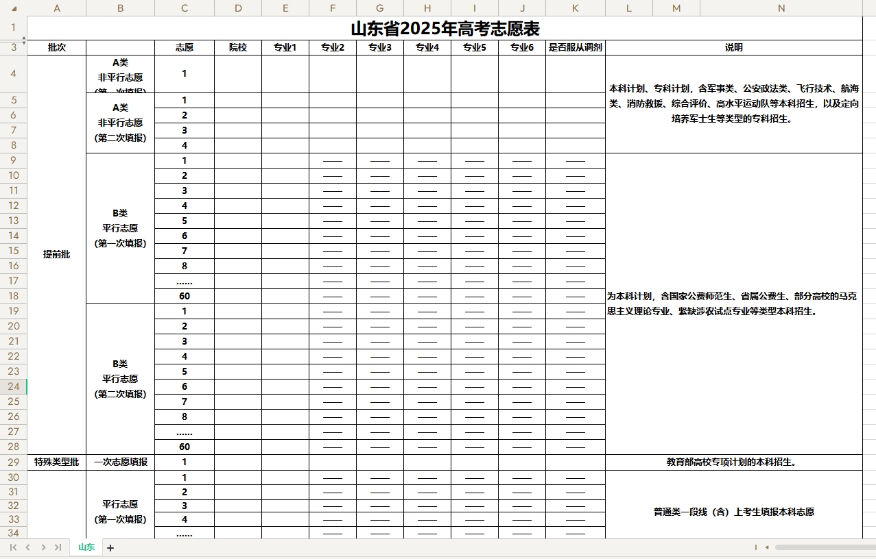 【山东】2025年高考志愿填报表样表(仅供参考)