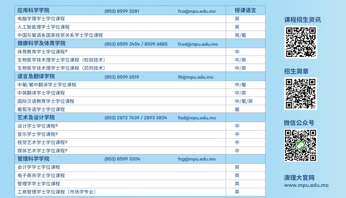 澳门理工大学2025/2026学年招生专业速览(四年制本科课程)