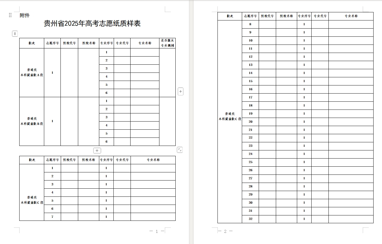 【贵州】2025年高考志愿纸质样表（官方版）