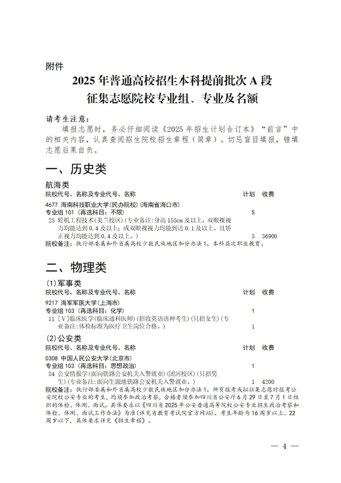 四川：2025年普通高校招生本科提前批次A段征集志愿院校专业组、专业及名额