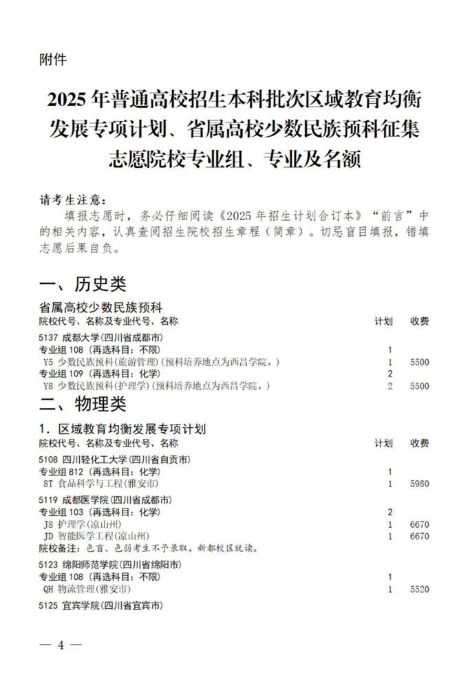 四川：2025年普通高校招生本科批次区域教育均发展专项计划、省属高校少数民族预科征集志愿院校专业组、专业及名额