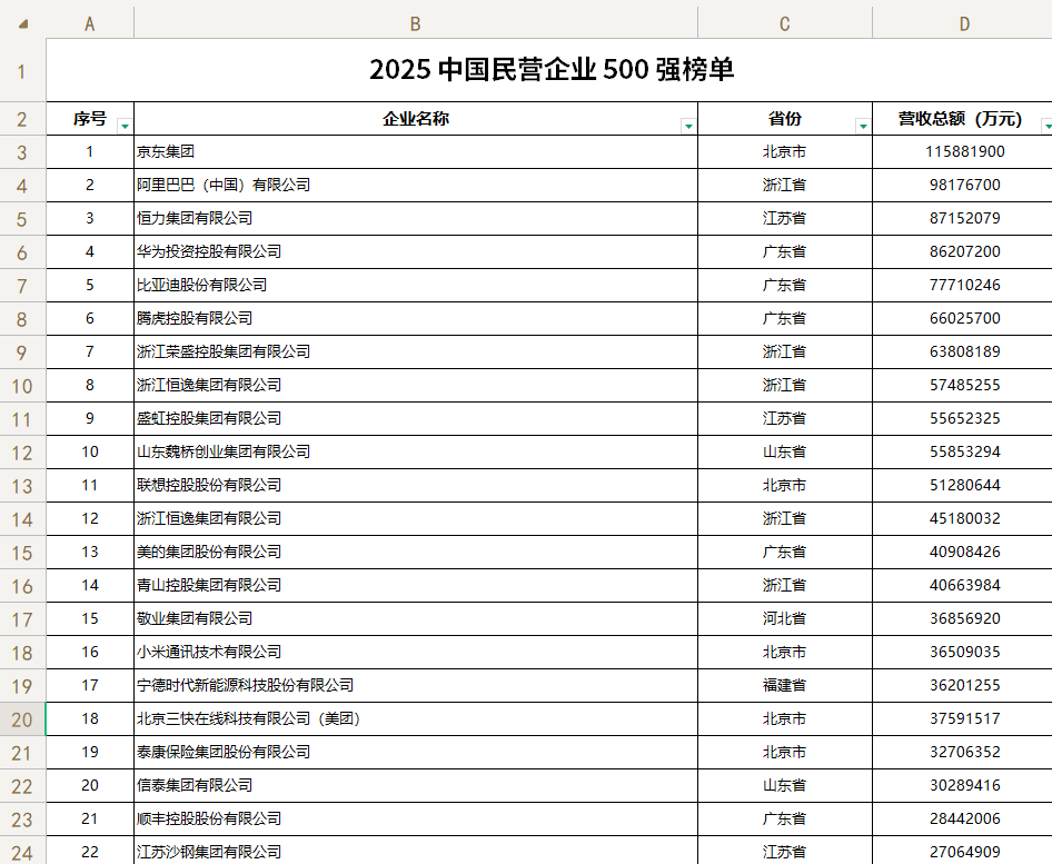 2025 中国民营企业 500 强榜单！