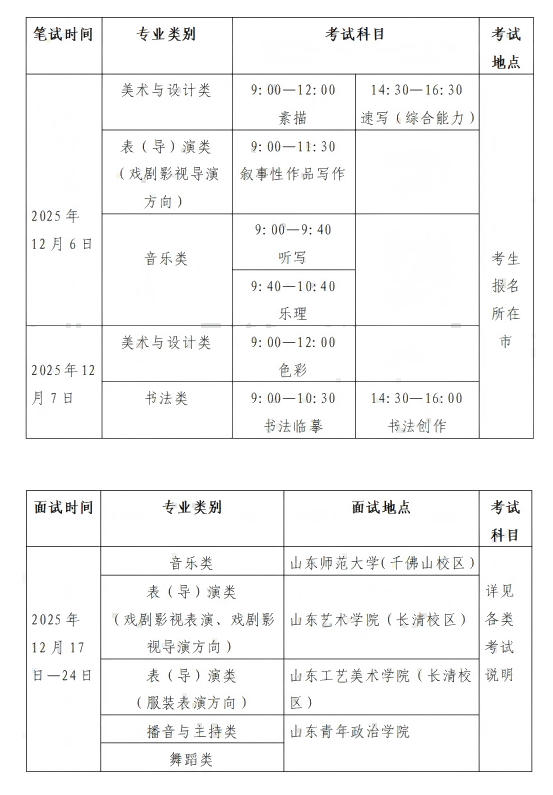山东：2026年普通高等学校招生艺术类专业统一考试公告