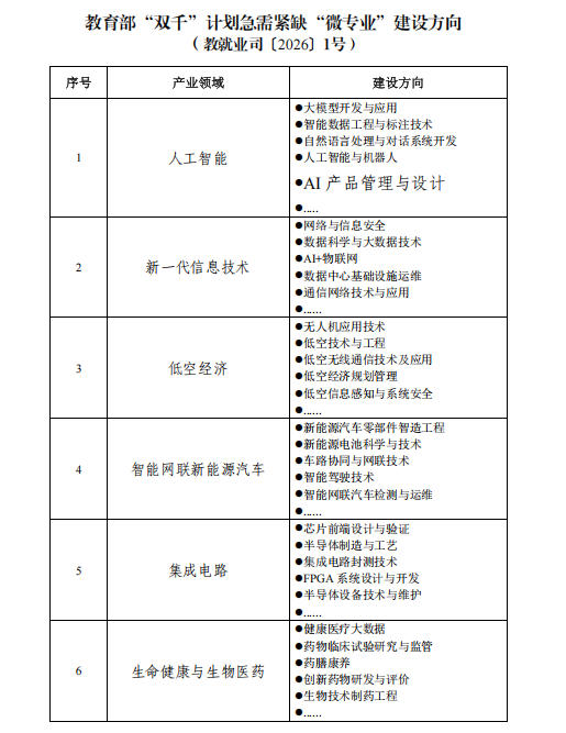 《教育部“双千”计划新一批急需紧缺“微专业”建设方向》