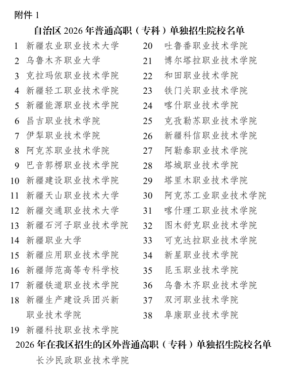 新疆：关于做好自治区2026年普通高职（专科）单独招生工作的通知