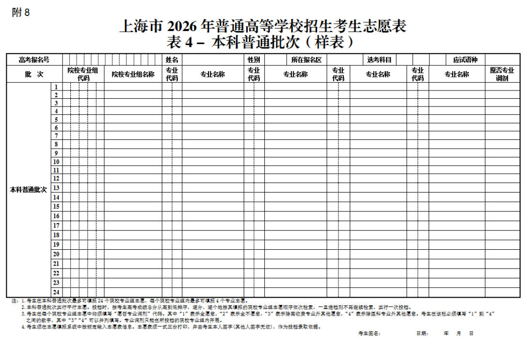 【高考志愿填报表上海】上海市2026年普通高等学校招生考生志愿表表4-本科普通批次（样表）