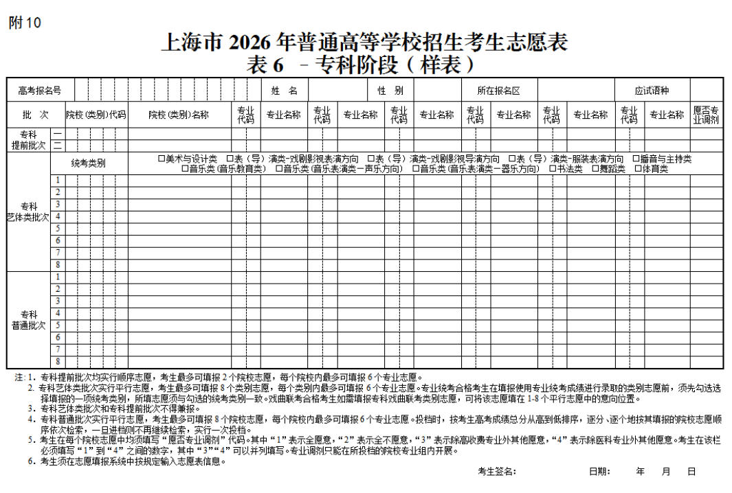 【高考志愿填报表上海】上海市2026年普通高等学校招生考生志愿表表6-专科阶段（样表）