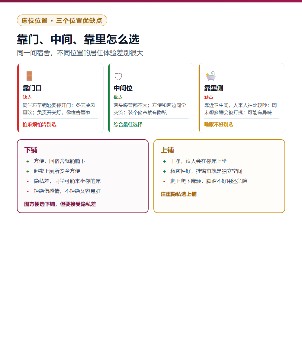 大学宿舍选床位攻略：靠门靠里还是中间？上铺下铺怎么选