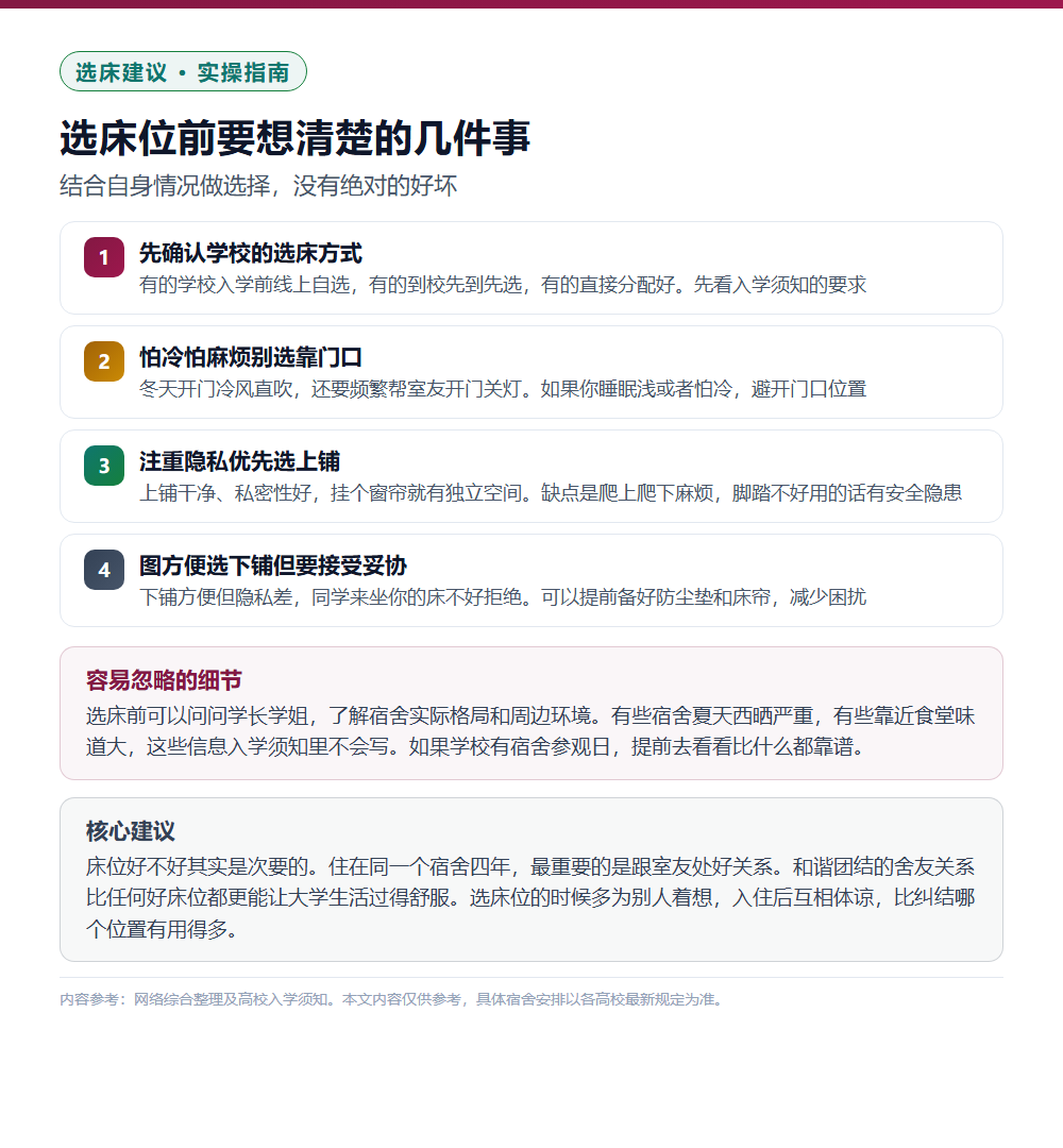 大学宿舍选床位攻略：靠门靠里还是中间？上铺下铺怎么选