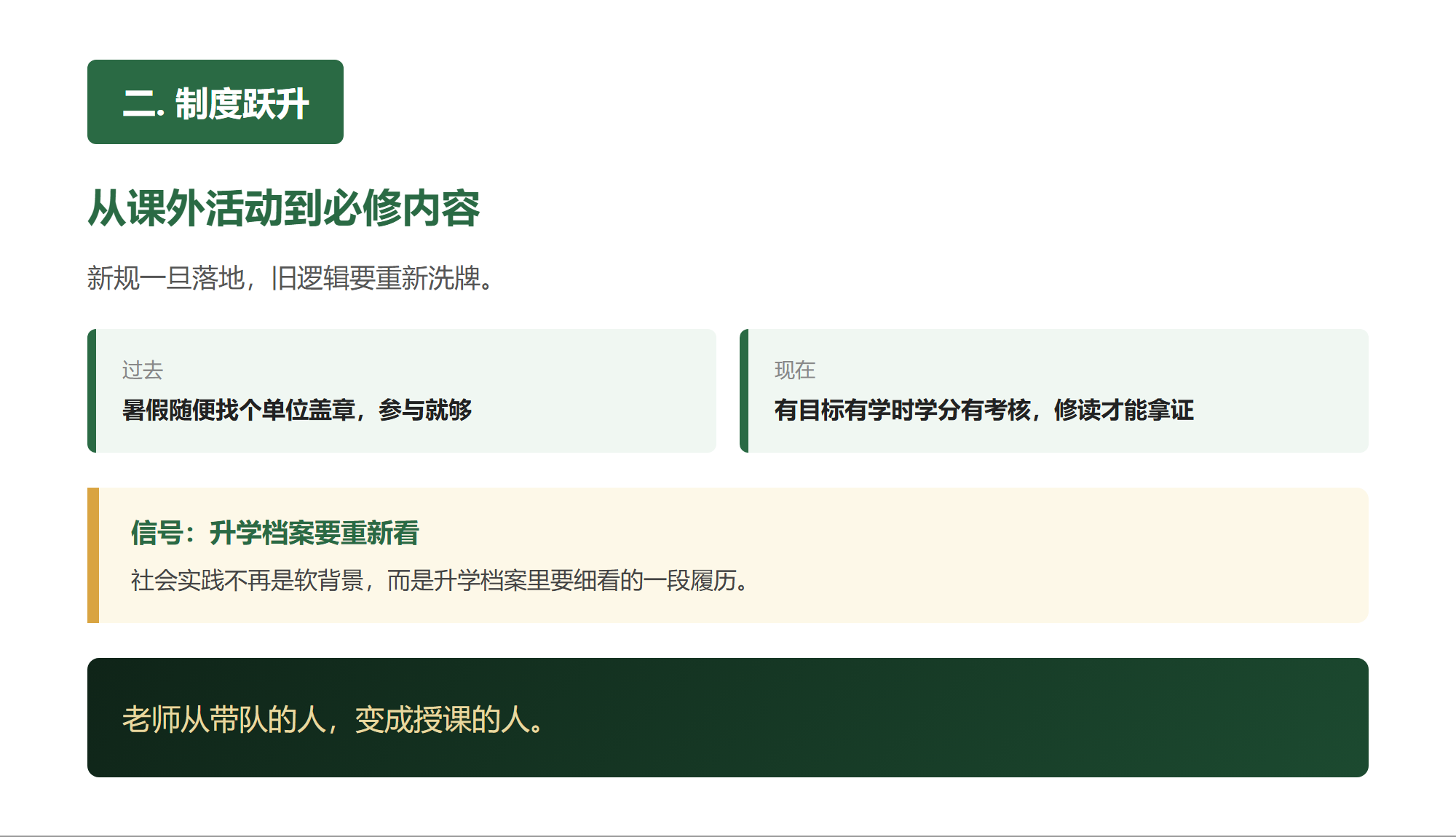 二. 从课外活动到必修内容，制度跃升在哪里