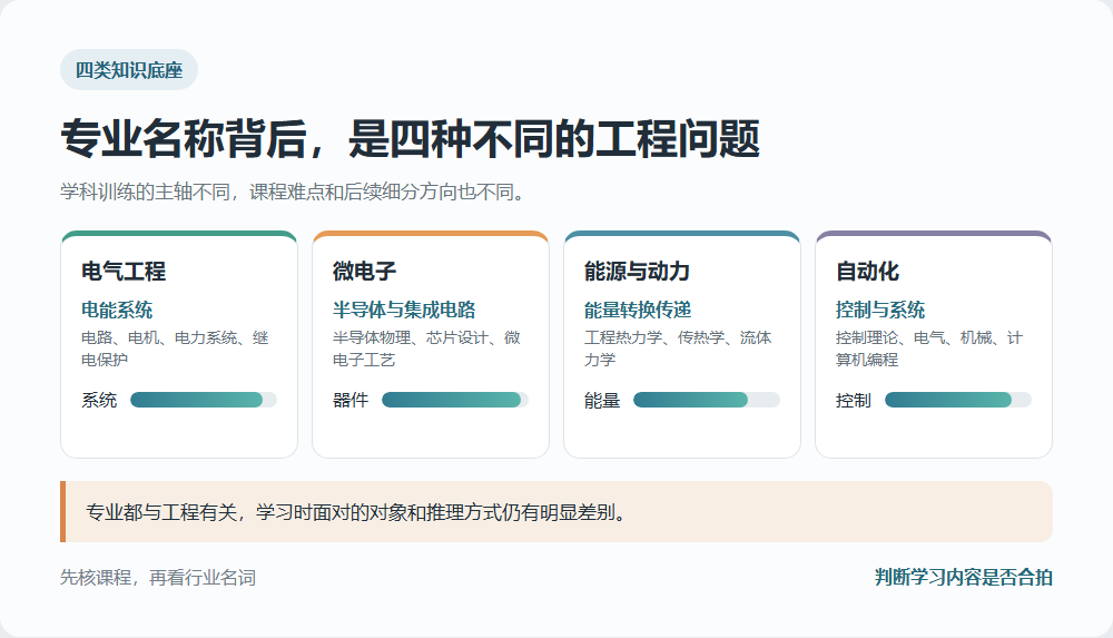 四个工科专业的核心知识底座与训练方向对比
