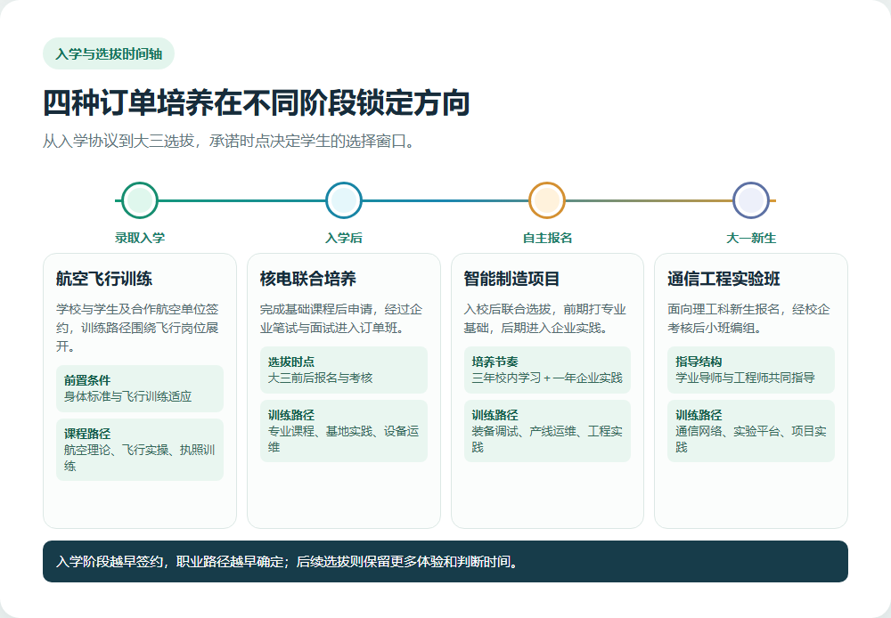 四类高校订单培养项目从录取到选拔签约的时间轴