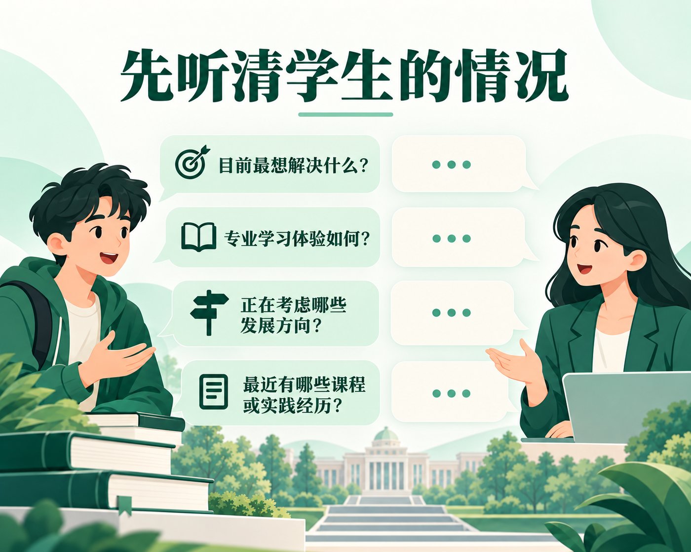 围绕当前困惑、学业体验、发展方向与下一步准备展开沟通