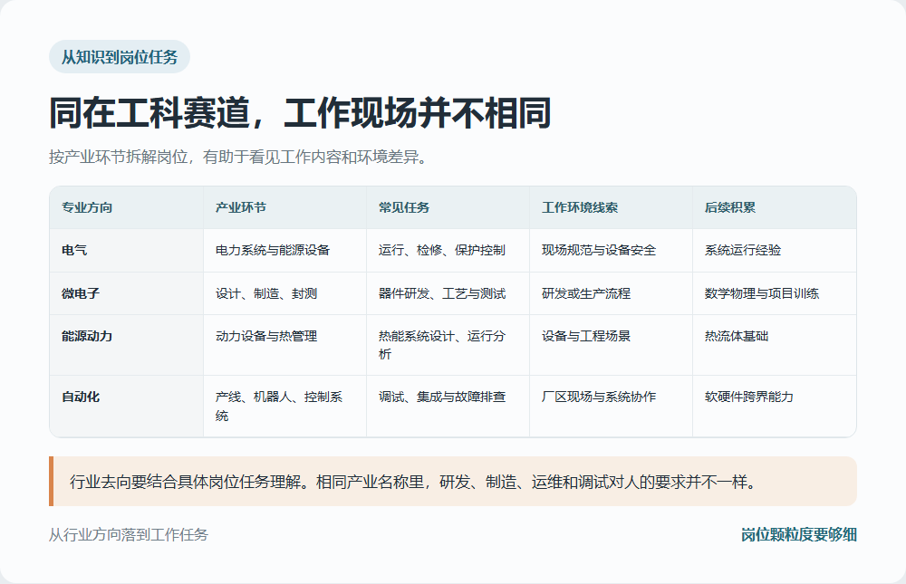 四类工科专业分别对应的产业环节和岗位任务
