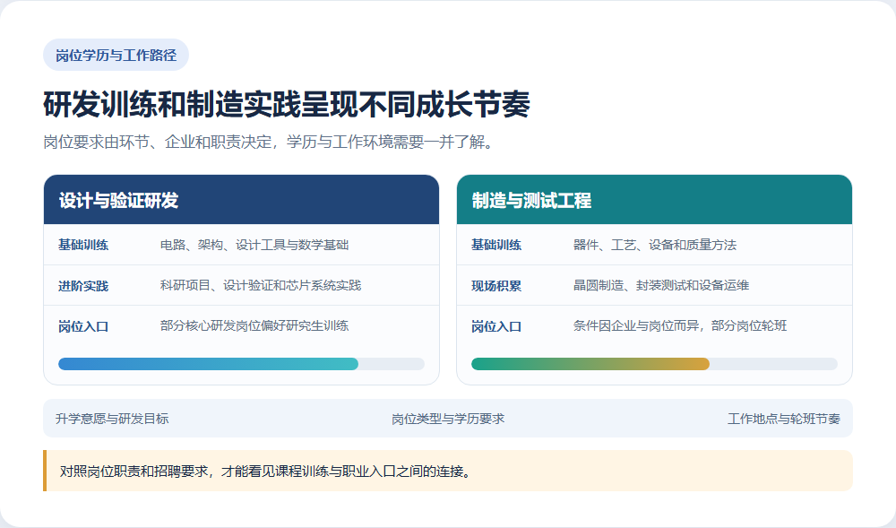 芯片设计研发与制造测试岗位所需学历和工作场景路径